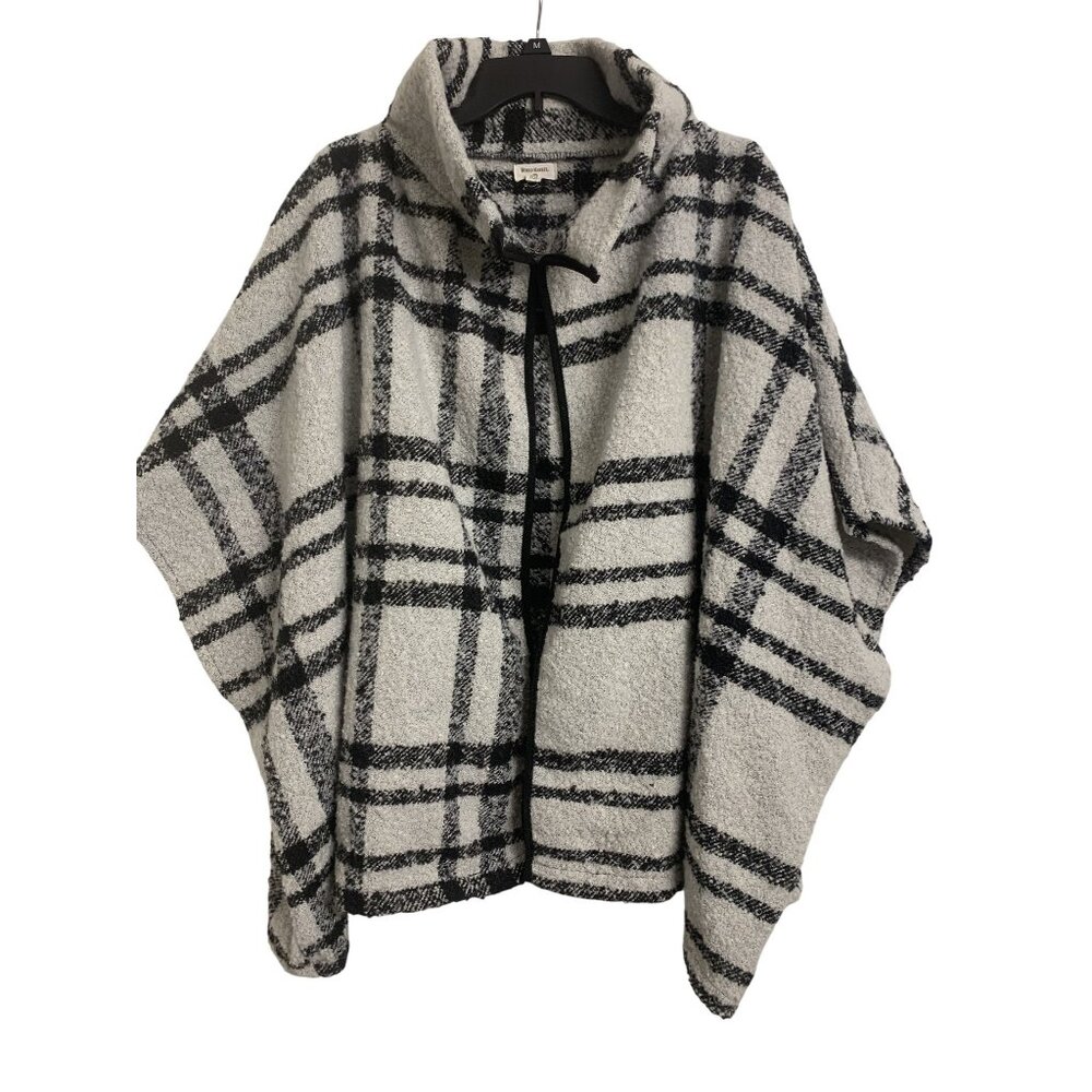 World Market OS Plaid Cozy Winter Open Front Poncho Oversized Gray Black